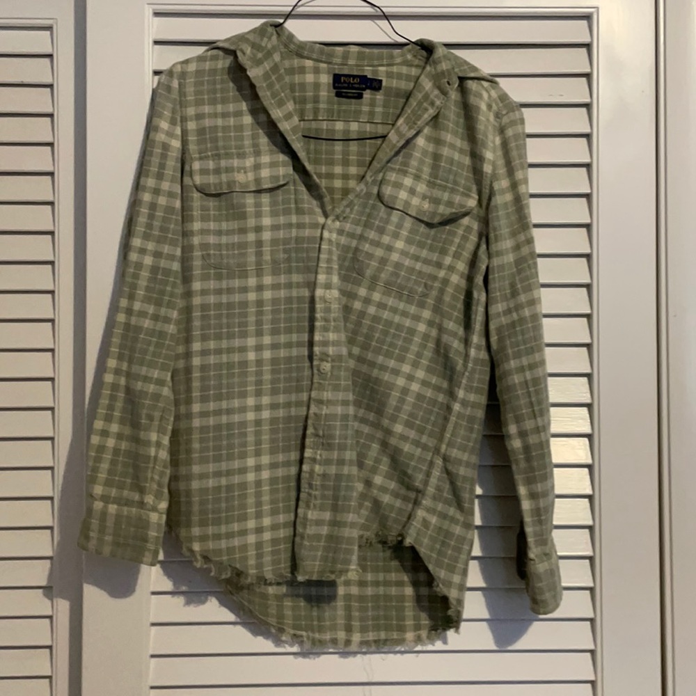 Green Polo flannel, distressed bottom, relaxed fit, size small